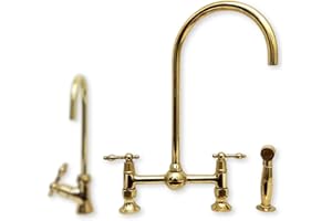 Unlacquered Brass 8" Bridge Kitchen Faucet, Solid Brass Deck Mount Sink Faucet with Lever Handles, High Arc Gooseneck Spout, 
