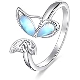 SHEAISRS 925 Sterling Silver Butterfly Open Ring Natural Moonstone Adjustable Ring for Women Dainty Jewelry Gift
