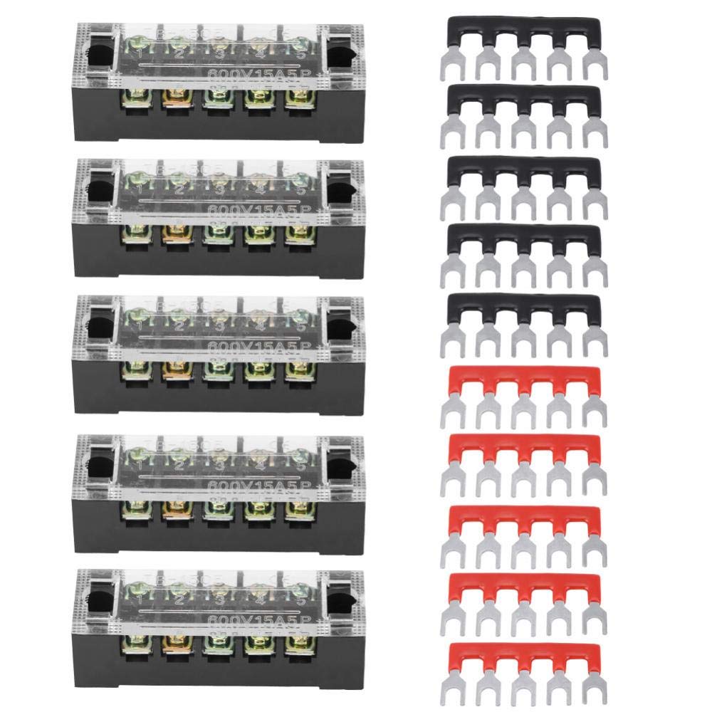 Klemmblock-5Pcs Screw Terminal Blocks,600V 15A Dual Row 5 Positions Screw Terminal Block+10 Pre-insulated Terminal Barrier Strip