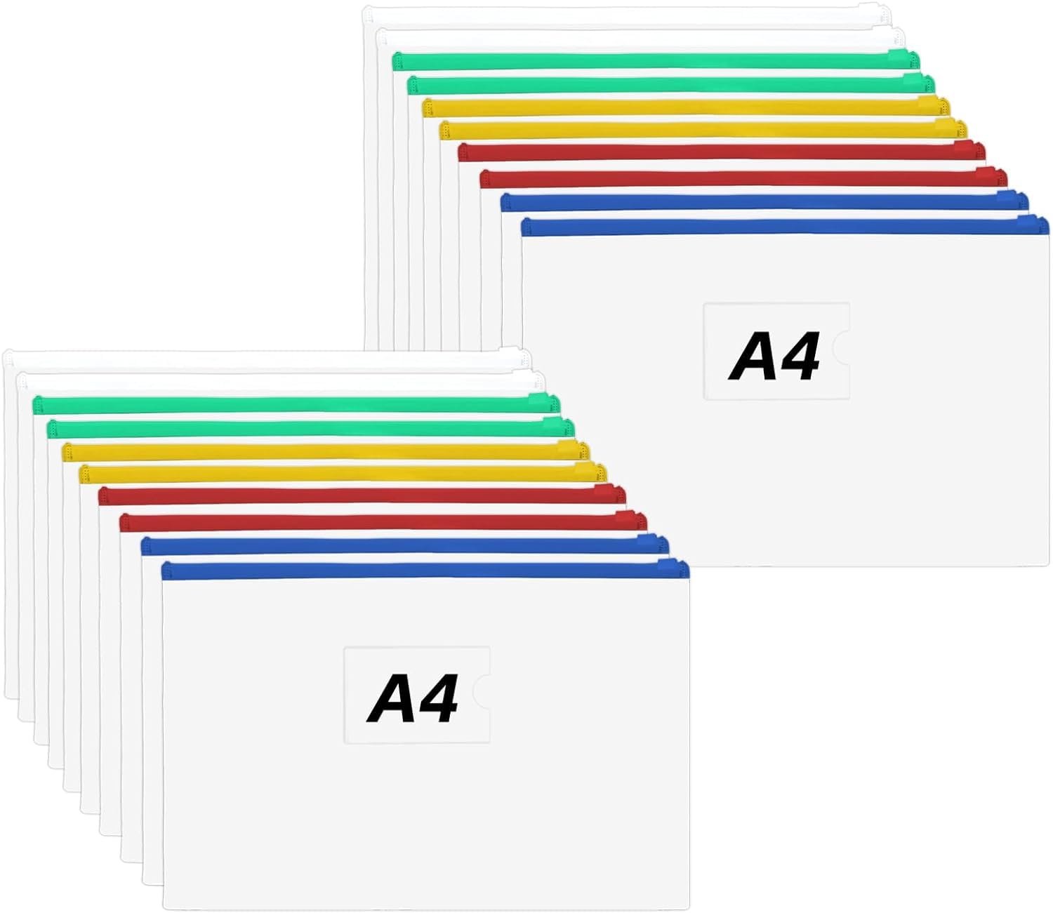 Abaigeal 60 Pcs A4 Letter Size Plastic Envelopes, 5 Colors: Red, Yellow, Blue, Green, White; Zipper Folders with Label Pocket, Reusable for School, Office, Travel Storage Supplies