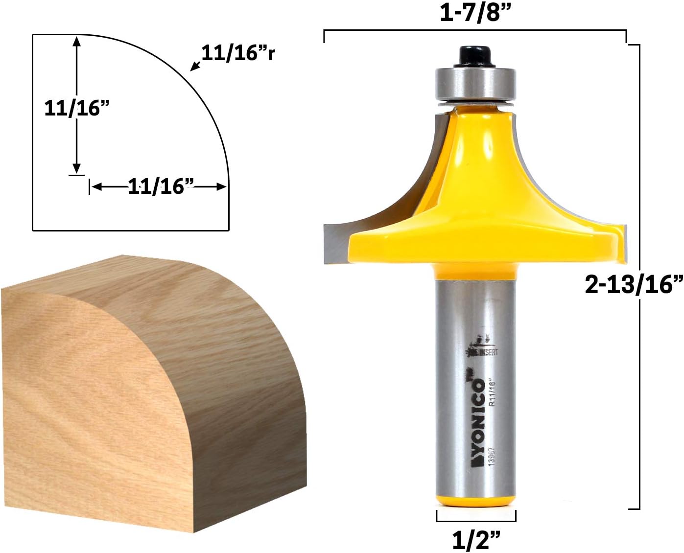Yonico 13967 11/16-Inch Radius Round Over Edge Forming Router Bit 1/2-Inch Shank, Diâmetro: 1,27 cm, Comprimento: 2,7 cm - Image 3