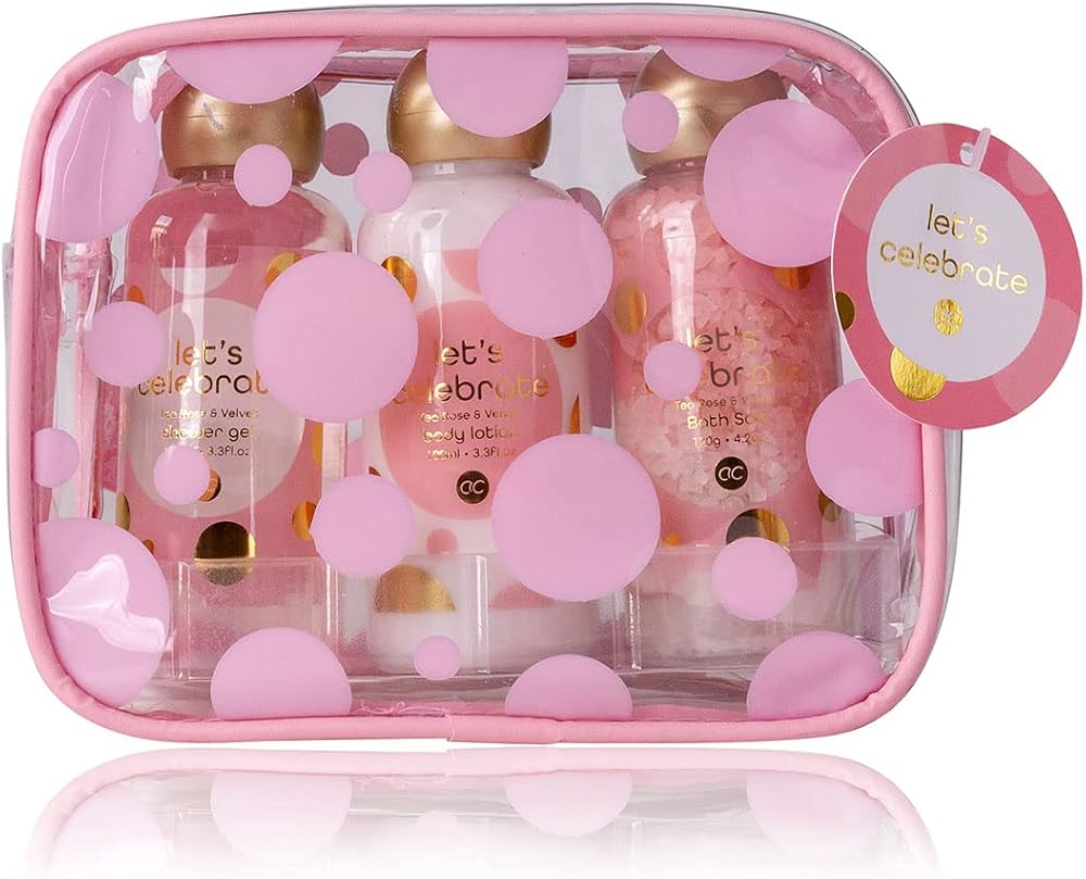 accentra Let's Celebrate Gift Set Women Cosmetic Bag 3pc Bath Shower Lotion Salt