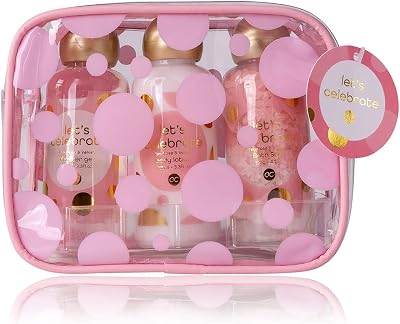 accentra Let's Celebrate Gift Set Women Cosmetic Bag 3pc Bath Shower Lotion Salt