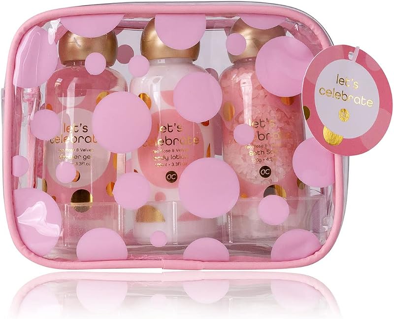accentra Let's Celebrate Gift Set Women Cosmetic Bag 3pc Bath Shower Lotion Salt