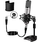 PROAR XLR Condenser Microphone with Desktop Stand for Vocals and Podcasting | 48V power required. XLR podcast mic for podcasting, singing and streaming. Studio microphone setup reduces vibration.
