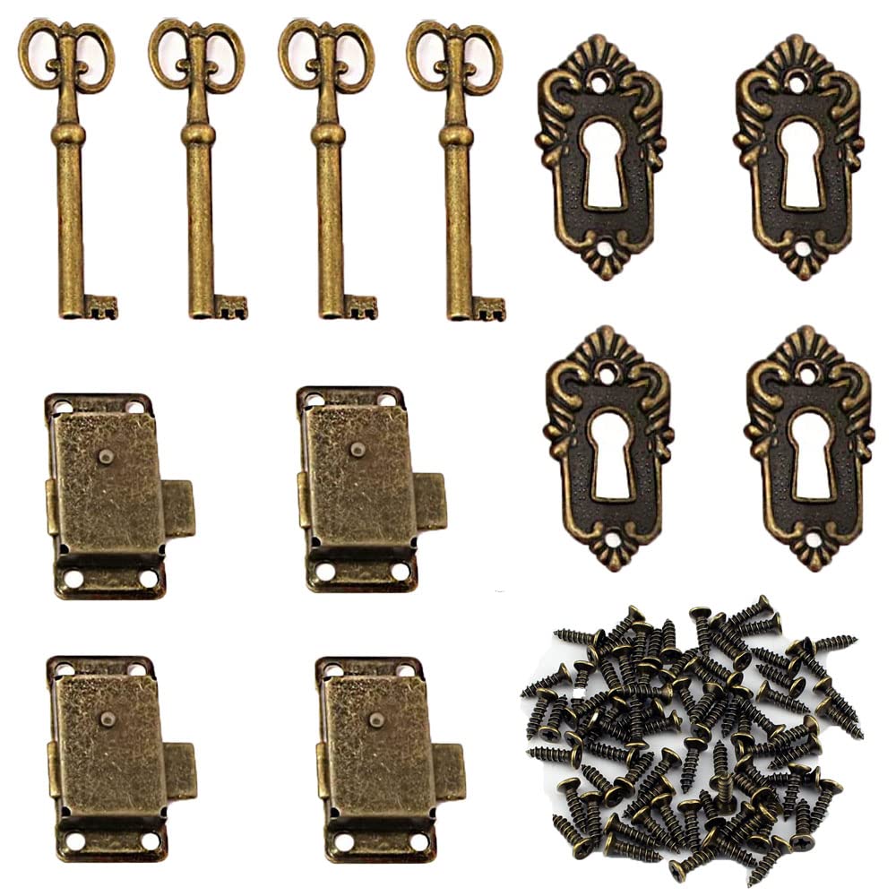 4 Pcs Vintage Cabinet Lock,Vintage Cabinet Lock Antique Lock Vintage Style Bronze Cabinet Lock,Vintage Design Decorative Door Lock Catches Antique Cabinet Door Lock Sets,for Jewellery Boxes,Wardrobe