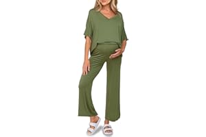 Tankaneo Womens Maternity Pajamas 2 Piece Lounge Set Soft Short Sleeve V Neck T-shirt Cropped Pants Pregnancy Loungewear