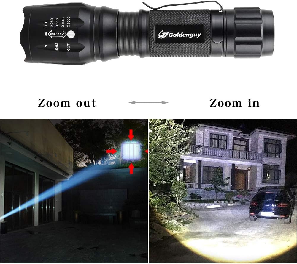 Goldenguy LED Tactical Flashlight High Lumen Powerful Camping Hiking EDC Emergrncy Torch 5 Mode Zoomable and Water Resistant(2 Pack) - - 