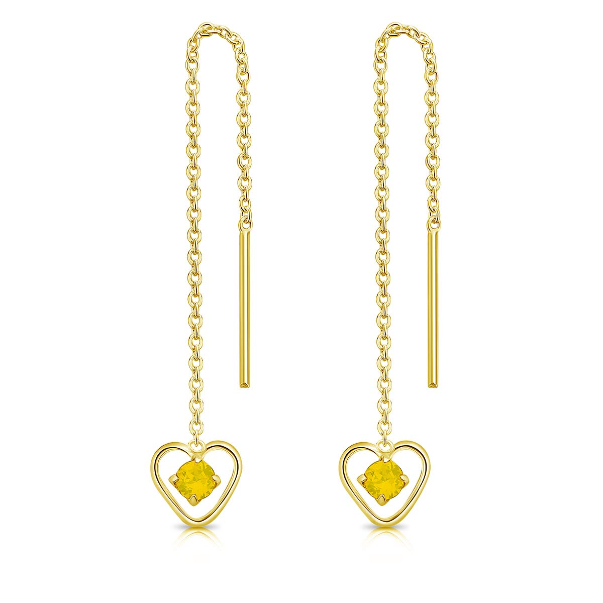 DTPsilver® 925 Sterling Silver Yellow Gold Plated Pull Through Drop Chain Earrings & Dangling Heart with SMALL Round 3 mm Crystals from Swarovski® Elements - Length 68 mm - Colour : Yellow Opal