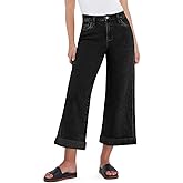 Sidefeel Women's Wide Leg Jeans High Waisted Stretchy Cropped Ankle Capri Rolled Hem Denim Pants