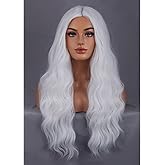 BERON White Wigs Long Wavy Wig for Women Natural Curly White Colored Heat Resistant Synthetic Hair Wigs for Cosplay Party Daily or Use