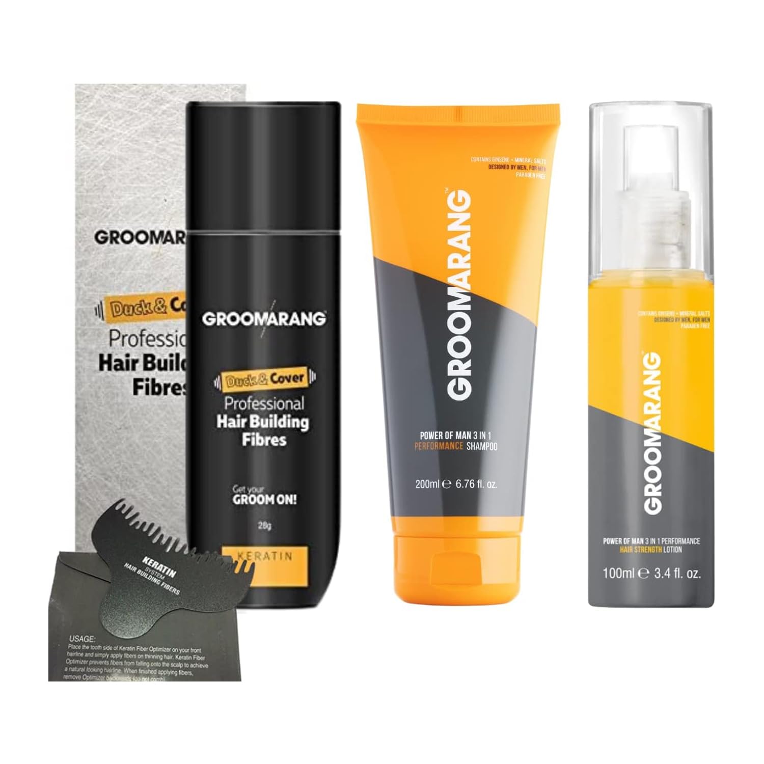 Hair Fibres GROOMARANG Keratin Hair Building Fibres for Thinning Hair - Instantly Conceals Thinning Areas for Fuller Thicker Hair- For Men & Women 28g + Shampoo Hair Lotion & Optimiser (Black)