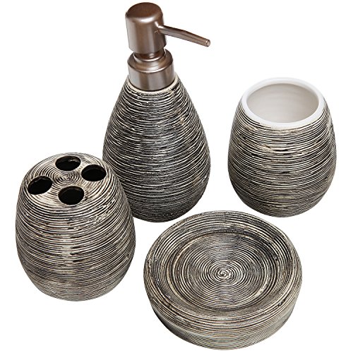 MyGift 4 Piece Textured Ceramic Brown Bathroom Accessory Set Includes