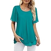 Gaharu Women's Ruffle Short Sleeve Blouses Double-Layered Shirt Work Tunic Tops