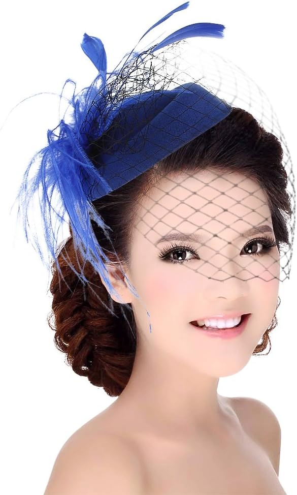 Cloudkids Fascinator Hair Clip Pillbox Hat Bowler Derby Hat Feather Veil Wedding Party Hat One Size