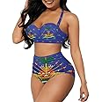 GLUDEAR Women Haitian Flag Print High Waisted Bikini Set Two Piece Tummy Control Vintage Swimsuit Halter Bathing Suit