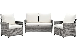 FHFO Lovseat Outdoor Patio Furniture, All-Weather 4 Seater Wicker Sofa Set with Cushions, Single Armrest Chairs for Porch, Backyard, Garden, Grey-Beige