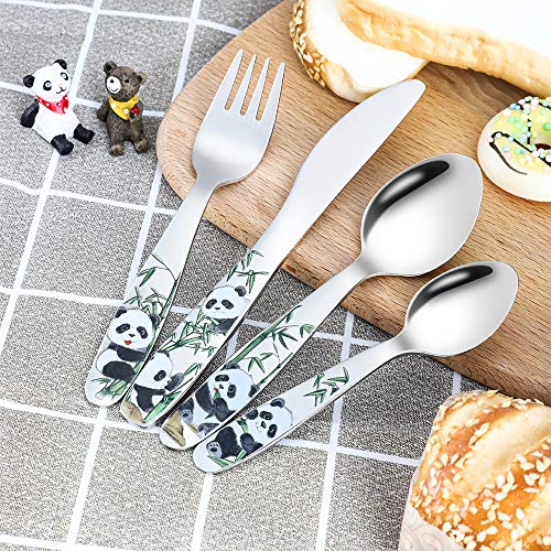 Kids Silverware Toddler Utensils Set Cute Panda 18/8 Stainless Steel Child Self Feeding Learning Cutlery Premium Fork Spoon and Knife Set 4 Pcs Baby Safe Flatware with Gift Box