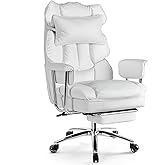 Sweetcrispy Executive Home Office Desk Chair - Ergonomic Big Tall High Back with Footrest & Lumbar Support, Reclining Height Adjustable, Comfy PU Leather Computer Gaming with Swivel Wheels, White