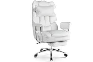 Sweetcrispy Executive Home Office Desk Chair - Ergonomic Big Tall High Back with Footrest & Lumbar Support, Reclining Height Adjustable, Comfy PU Leather Computer Gaming with Swivel Wheels, White