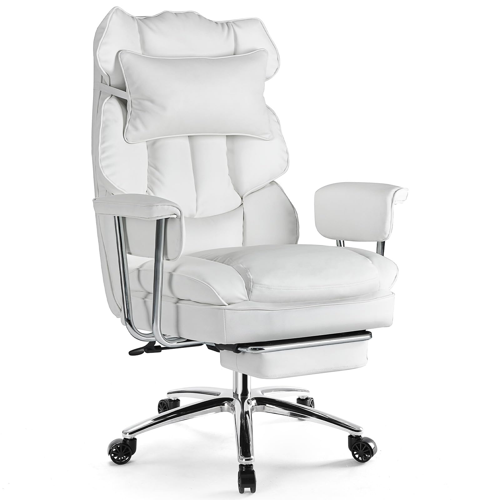 Photo 1 of ***Missing wheels***
**ITEM HAS SOME DAMAGE**
Sweetcrispy Executive Home Office Desk Chair - Ergonomic Big Tall High Back with Footrest & Lumbar Support, Reclining Height Adjustable, Comfy PU Leather Computer Gaming with Swivel Wheels, White