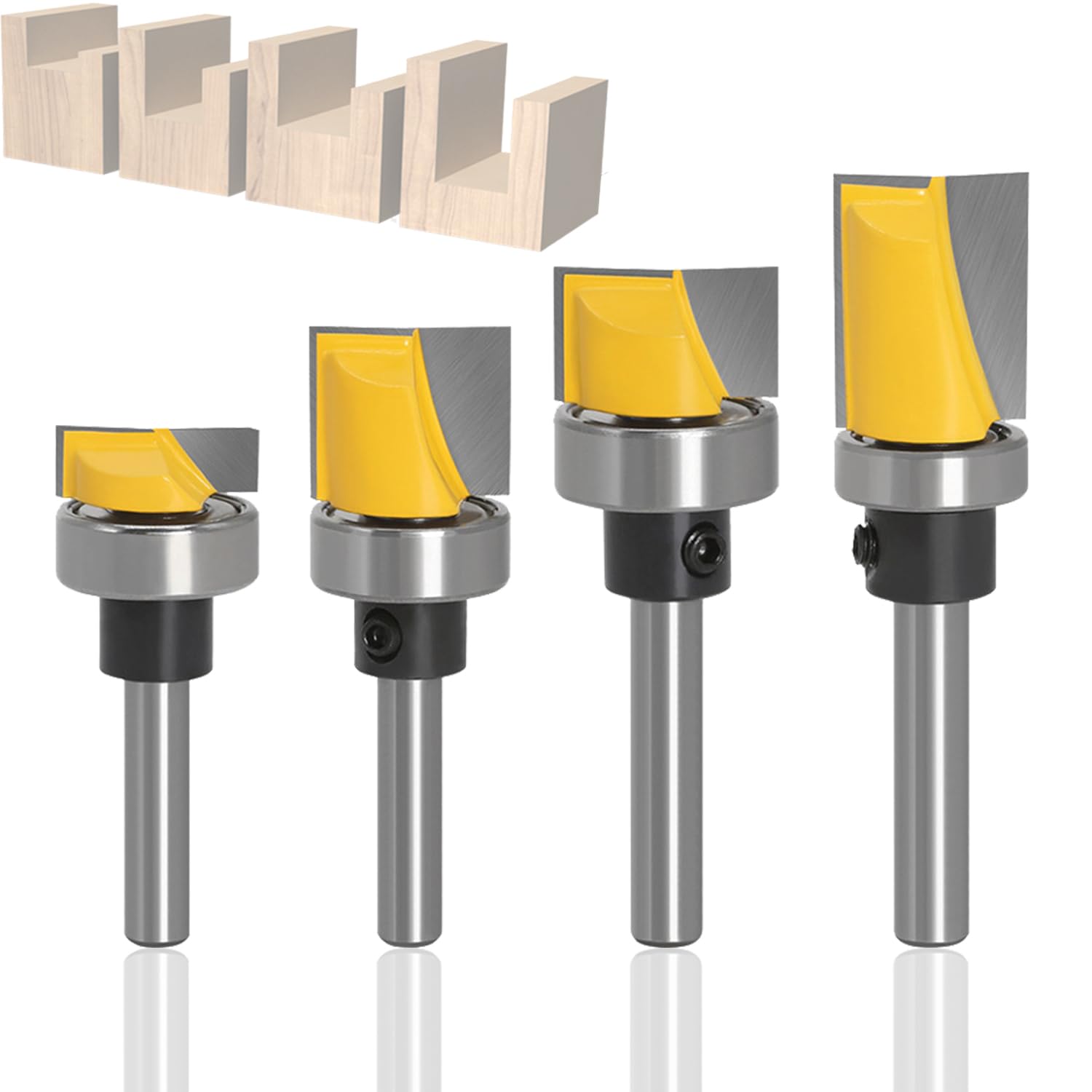 Treki 4pcs Flush Trim Router Bit Set, 1/4 Inch Shank Hinge Mortising Template Router Bits Ball Bearing Carbide Tipped Cutter Bit Woodworking Milling Cutter Tool (13/16" 7/16" 5/8" 1/4"）