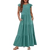 HOSIKA Girls Summer Casual Ruffle Short Sleeve Crewneck Aline Flowy Tiered Beach Maxi Sundress with Pockets for 6-12 Y
