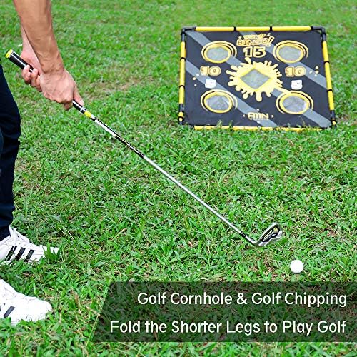 Bean bag toss game set with two targets, one red and one blue, each with three holes of varying sizes, surrounded by green grass.