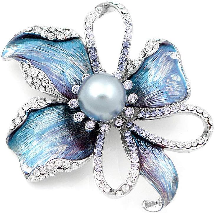 Flower Brooch with Silver Austrian Element Crystal and Grey Fashion Pearl