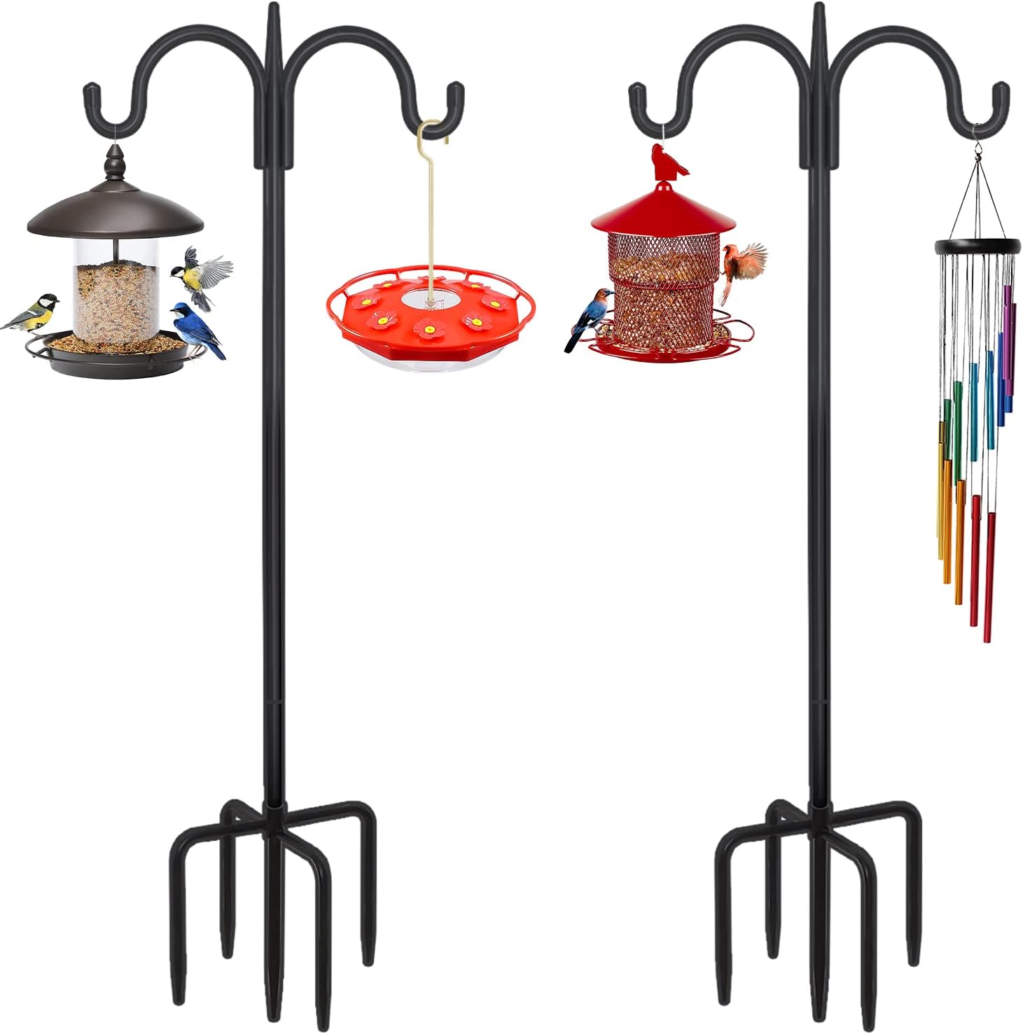 Outdoor Shepherd's Hooks - FEED GARDEN Adjustable Double Shepherds Hook for Outdoor with 5 Prong Base 91 Inch Heavy Duty Two Sided Bird Feeder Pole for Hanging Plant Baskets, Solar Light Lanterns, Wind Chimes 2 Pack