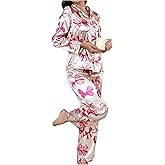 Verdusa Women's Silk Pajamas 2 Piece Satin Cute Bow Long Sleeve Button Down Shirt and Pants Lounge Set