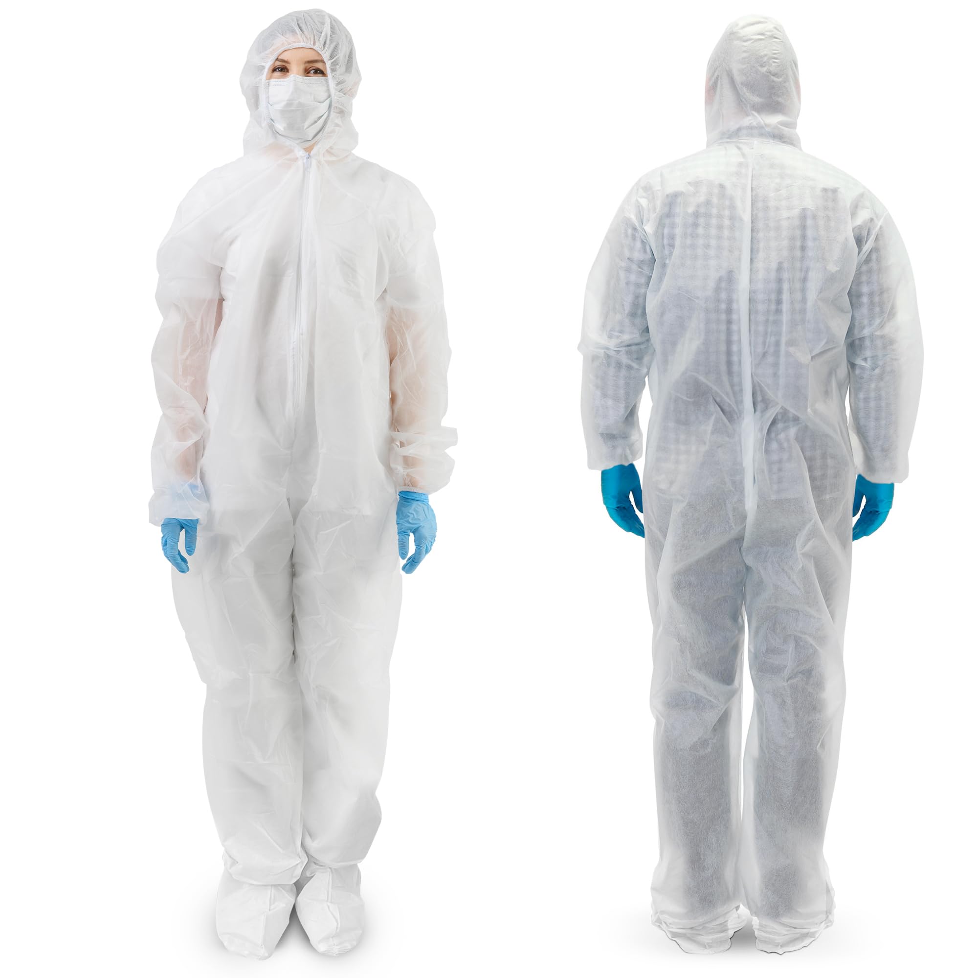 Photo 1 of AMZ Disposable Coveralls with Hood, Boots and Zipper Front Entry, 3XL Size. Pack of 5 White 30 GSM Polypropylene Hazmat Suits. Lab Coveralls Disposable. Painters Suit Disposable. Hazmat Costume Adult