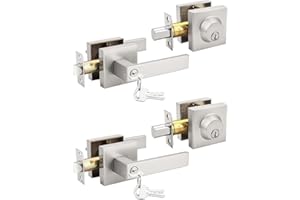 Tinewa Brushed Nickel Keyed Alike Front/Exterior Door Levers with Single Cylinder Deadbolt, Square Entry Door Knob Lock Sets with Deadbolt Combination Sets, for Entrance/Front and Office Doors，2 Pack