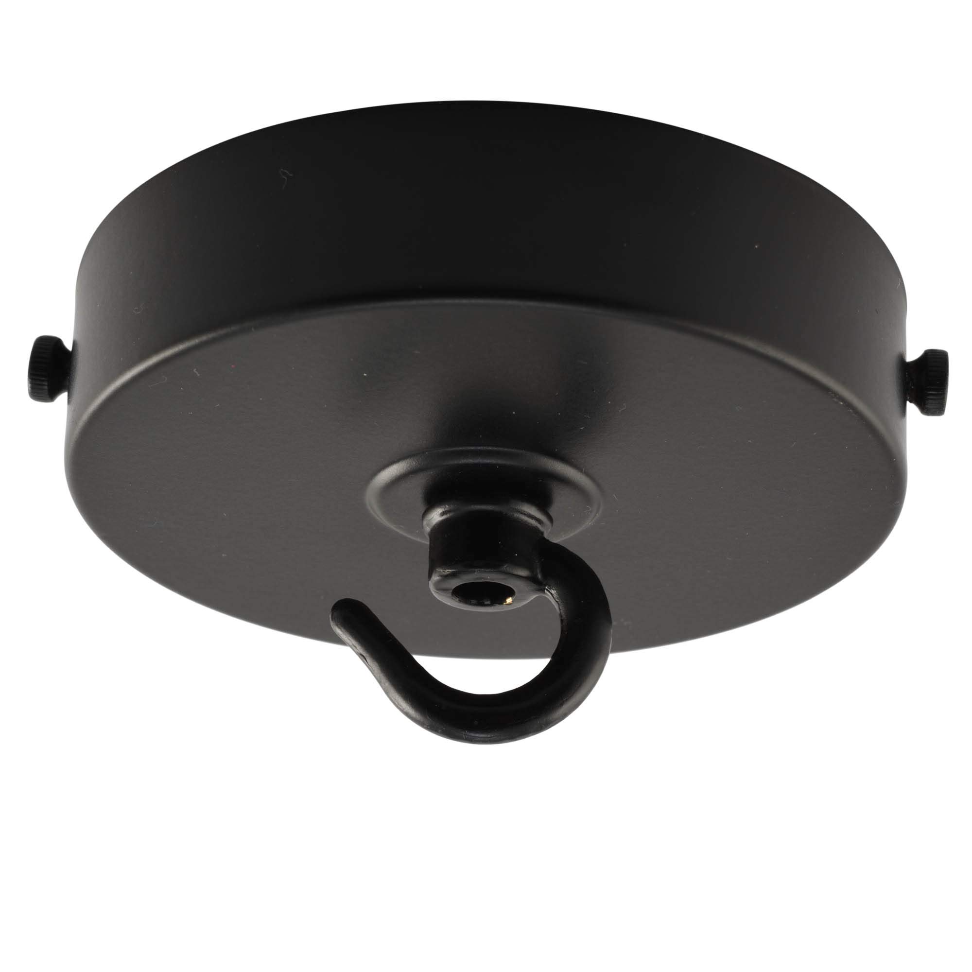 ElekTek 100mm Diameter Flat Top Ceiling Rose with Strap Bracket and Hook - Jet Black - for Pendant Light Fittings and Chandeliers. Metallic Finishes Powder Coated Finishes