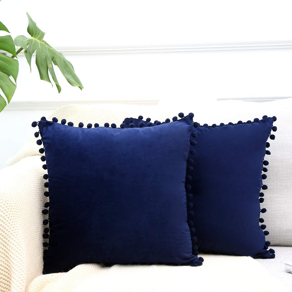 VANKYNave Blue Velvet Decorative Throw Pillow Covers with Pompoms Soft Particles Cushion Covers 18 x 18 Inch Suitable for Sofa Bedroom Couch etc，Set of 2