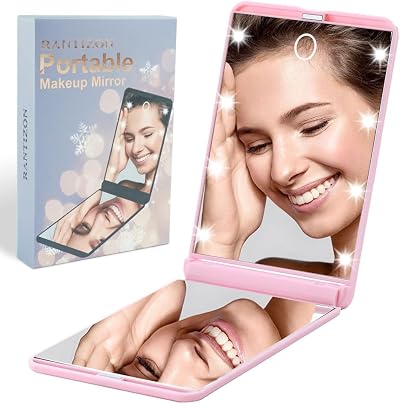 Rantizon Portable Dimmable Mirror 8 LEDs 1X 2X Mag Compact Pink Gift