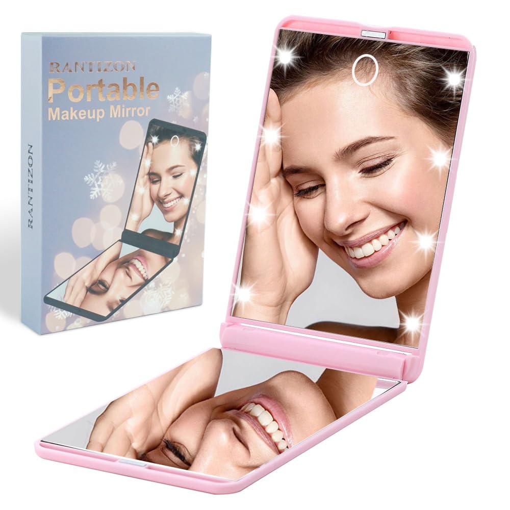 Birthday Gift for Women Stocking Fillers Portable Makeup Dimmable 8 LEDs Lighted Mirror 1X & 2X Magnification Gifts for Women Compact Gifts for Her for Teenage Girls Pink