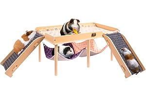 BESNEW Enlarged Guinea Pig Hammock with Platform and Stairs,Wooden Foldable Piggies Hideout for Guinea Pigs Bunny Ferret Hamster Hiding Sleeping Activities 24L x 12W x 11H in（Double）