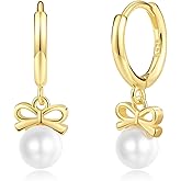 Eleigant Nature Pearl Dangle Huggie Earrings|Solid S925 Silver Pearl Drop Huggie Earrings for Woman|14K Gold Plated on Silver Hoop|Any Occassion Jewelry Gift