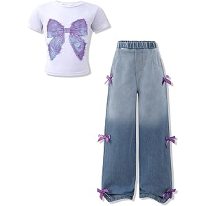 HSOXLQF Girls Clothes 2 Piece Outfits Bow Print T-Shirt and Wide-Leg Jeans Tween Cute Clothing Fall Set 6-12 Years