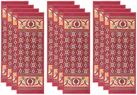 MBIGM Set of 12 Non Slip Stair Treads Carpet Blended Jacquard Indoor Skid Resistant Stair Tread Rugs, 25.5" L x 9" W, Red