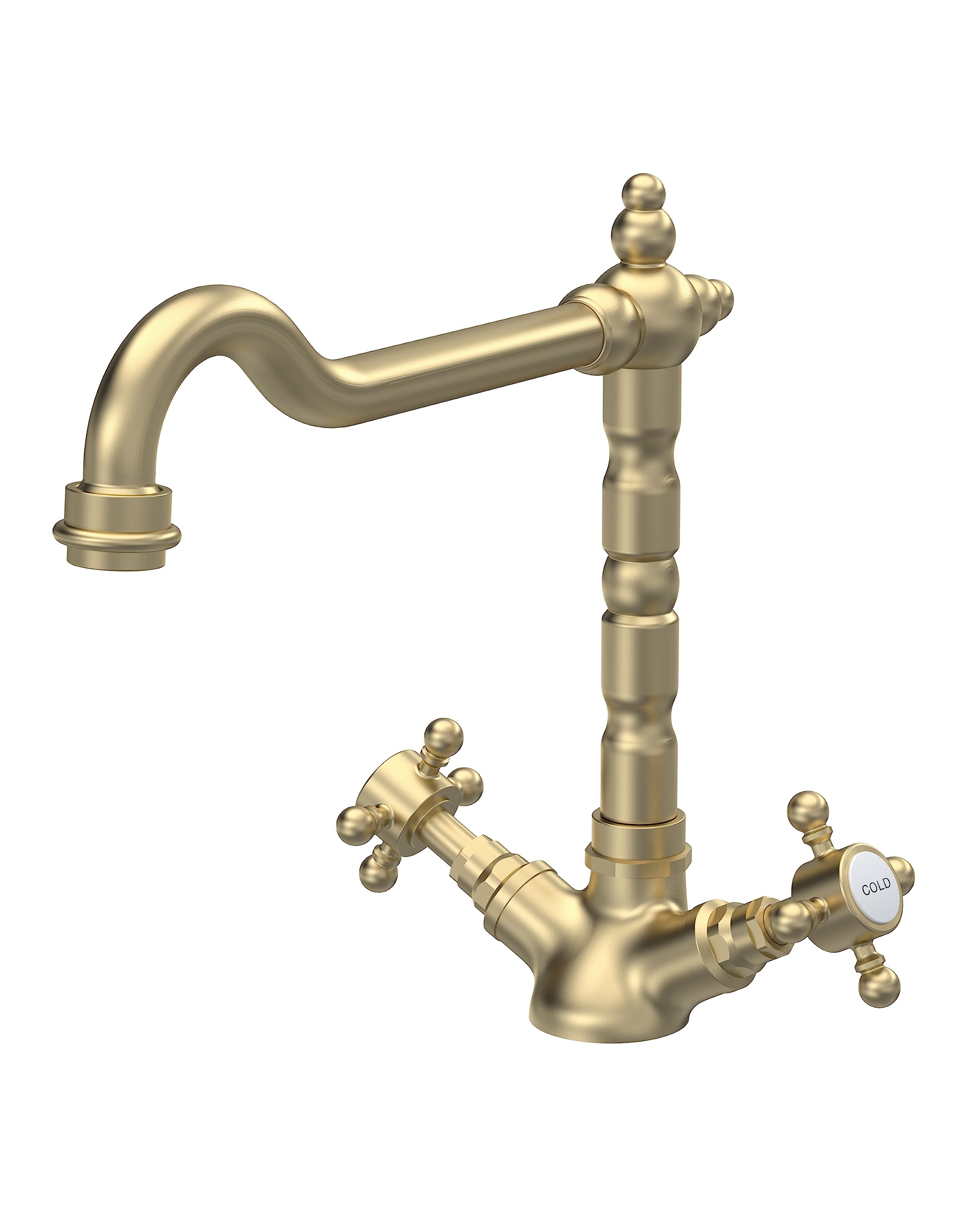 nuie KB805 Kitchen Taps French Classic Mono Mixer Kitchen Tap with Crosshead Handles, 287mm, Brushed Brass
