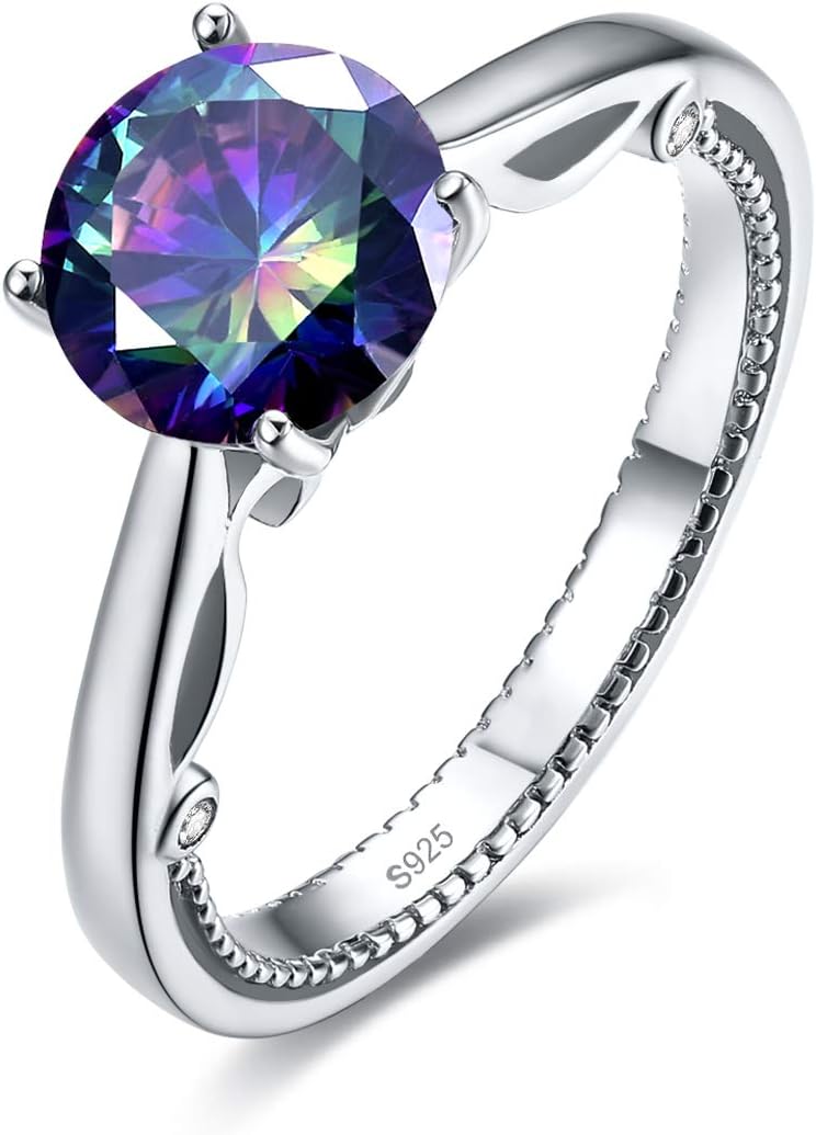 Yeinos Womens Created Mystic Rainbow Topaz Millgrain Edged Solitaire Ring 925 Sterling Silver