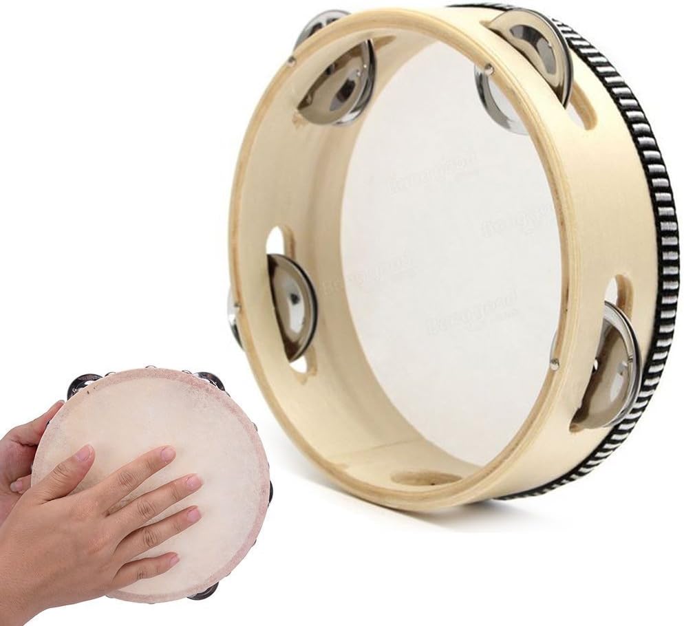 Hand Held Tambourine Beat Hand Drum Bell Birch Round Metal Rings Wooden & Leather Percussion Musical Educational Toy Gift Instrument for Kids Party Games (Buff)