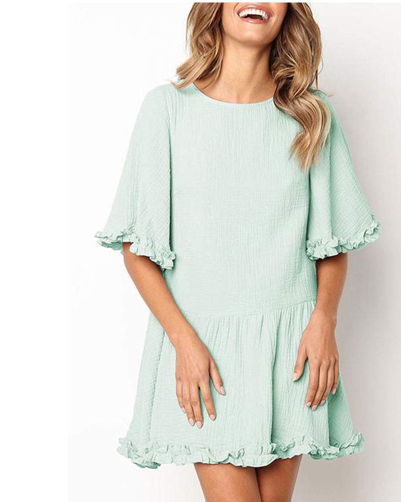 Womens Cotton Dresses Ruffles Decor - Plain Simple Loose Fit Mini Dress Green