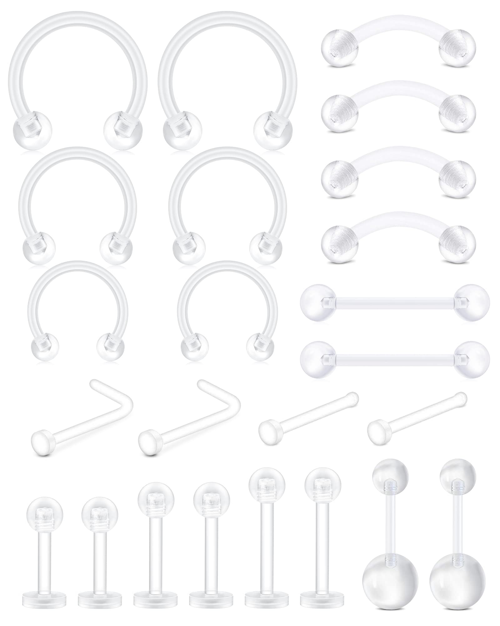 AceFun Clear Piercing Retainer Set Bioflex Flexible Nose Tongue Eyebrow Tragus Navel Belly Nipple Barbell Lip Labret Stud Retainer 14G 16G 18G 20G
