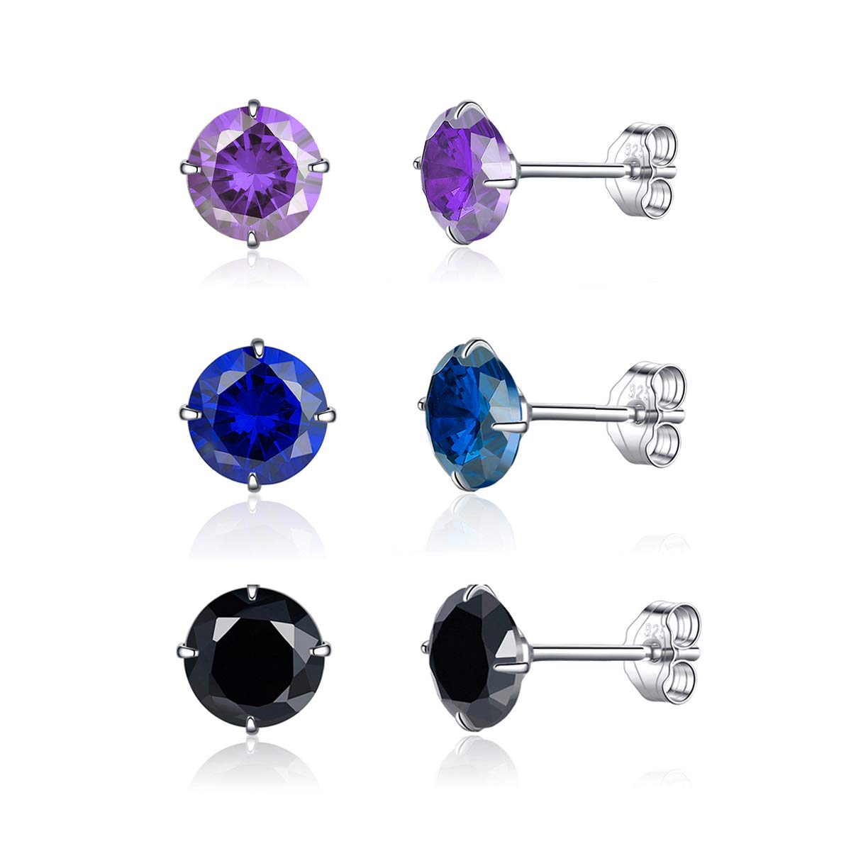 Kämise Silver Stud Earrings for Women, 3 Pairs 925 Sterling Silver Cubic Zirconia Stud Earrings Set, Hypoallergenic 5mm Small Sleeper Cartilage Studs, 3 Colors in Purple, Black & Sapphire Blue