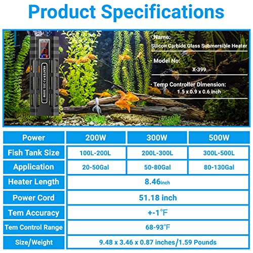 HiTauing Submersible Aquarium Heater, 200W/300W/500W Silicon Carbide