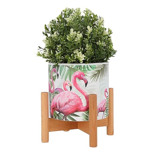 Ceramic Plant Pot Small Planter Flamingo Flower Pot with Wood Plant