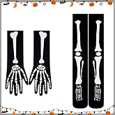 HSKMAKE Halloween Stockings and Gloves, Halloween Bone Costume, Black Gloves and Socks with White Skeleton Print for Women Halloween Cosplay Parties, Tights Accessory